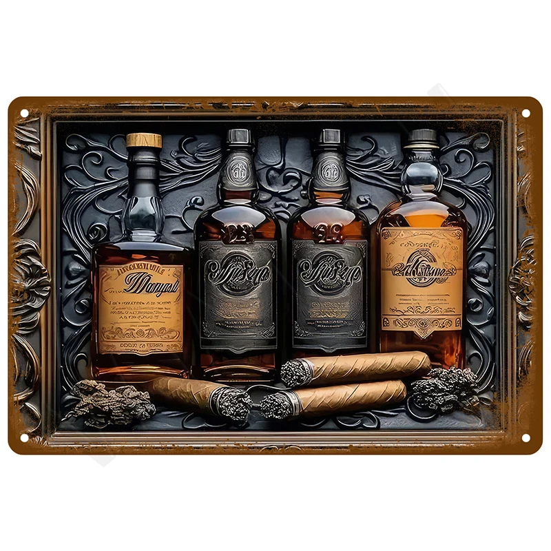Vintage Metal Tin Sign Whiskey Bottles Cigar Retro Ornate Frame Graphic Print Wall Decor For Bar Man Cave Wine Cellar Wall Art