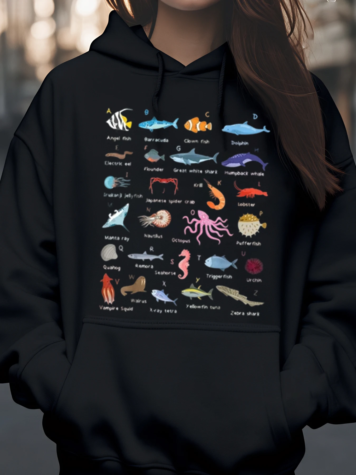 海の生き物 アルファベット プリント パーカー 秋冬 カジュアルウェア ユニセックス