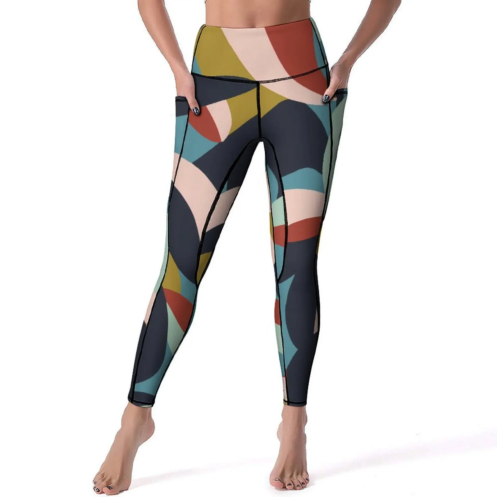 Abstract Color Block Yoga Pants With Pockets Leaf Print Leggings Sexy Push Up Sweet Yoga Sports Tights Elastic Running Leggins