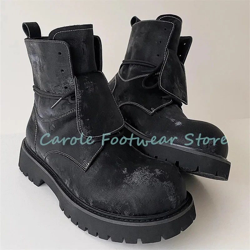 

Black High Top Turned-The Edge Cross Strap Ankle Boots Chunky Bottom Height-Increasing Chelsea Boots Male Motorcycle Boots