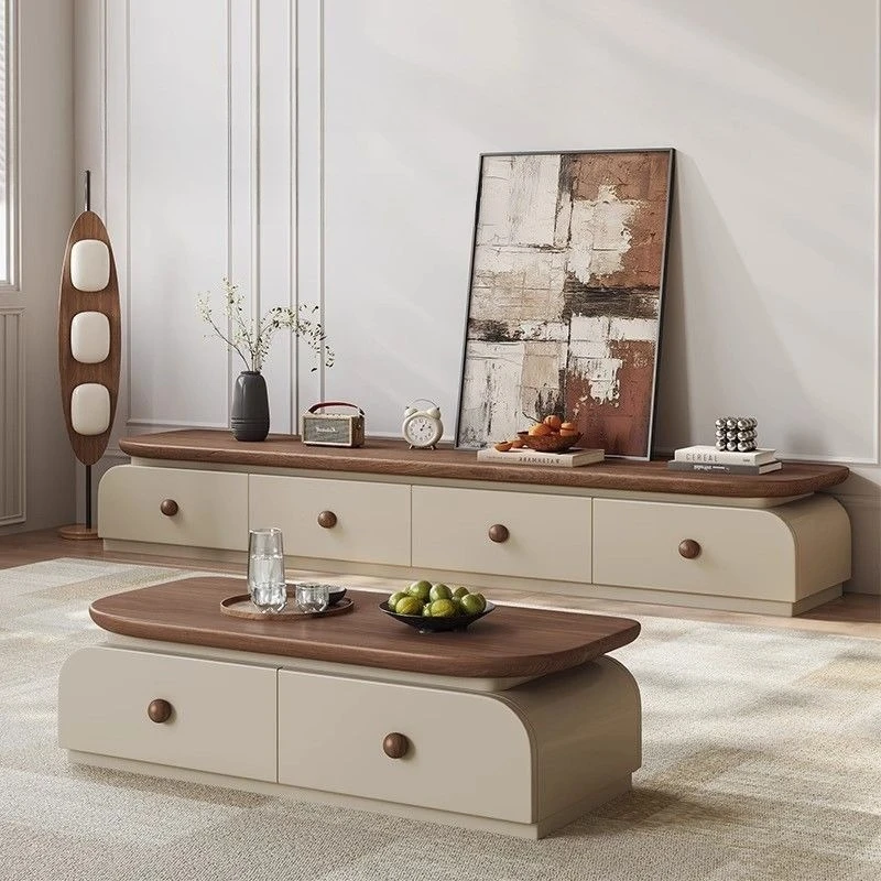 

Medieval Walnut TV Cabinet Coffee Table Combination Nordic Modern Living Room Floor Cabinet Tea Table Small Apartment