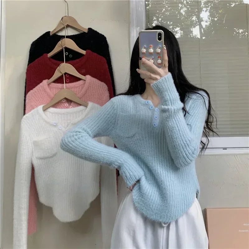 Y2k  New Clothes Women Sweaters Solid V Neck Autumn Winter Clothes Sexy Slim Pullovers Korean Fashion Pull Femme Vintage