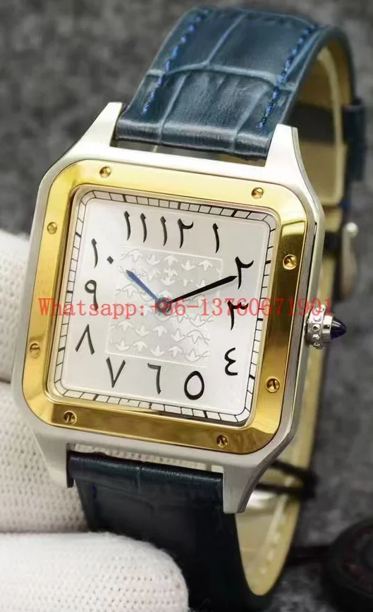 Luxury New Mens Women Quartz Square Watch Black Blue Leather Yellow Gold Stainless Steel Luminous Sapphire WristWatch