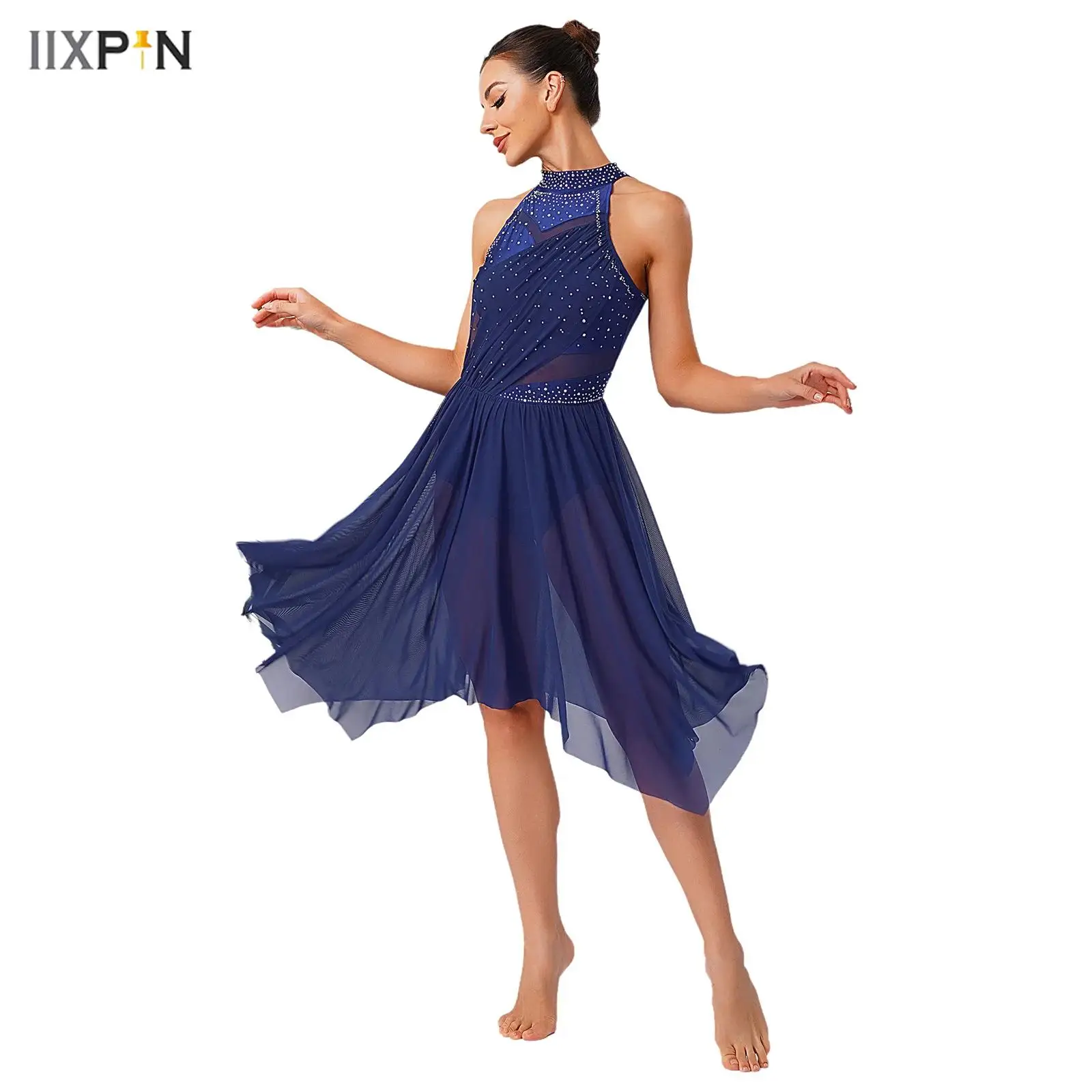 

Womens Lyrical Dance Dress Halter Glittery Rhinestones Patchwork Irregular Mesh Ruffled Hem Dress for Dance Classes Competition