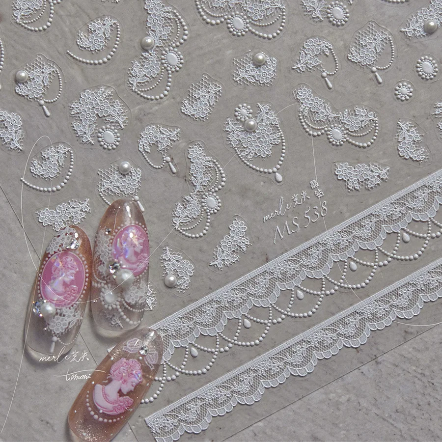 Autocollants de manucure en tissu de fleur de dentelle romantique français, pendentif de perle, Portrait, nœud papillon, impression Textile, autocollants délicats pour Nail Art