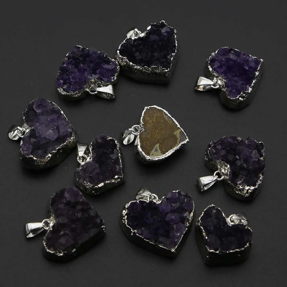 New Natural Stone Amethyst Silver Plated Edge Purple Crystal Heart Pendant Necklace Charm DIY Jewelry Accessories Wholesale 6Pcs