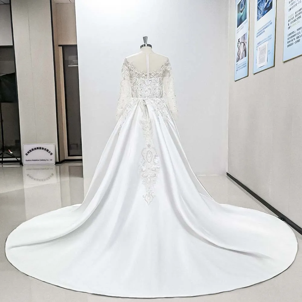 Vestido de novia blanco de satén con cuentas y hombros descubiertos para mujer, manga larga, tren desmontable, lujoso