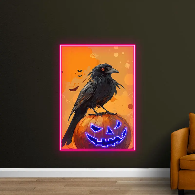 Spooky Raven on Pumpkin Neon Light, Halloween LED Wall Art, Perfect for Halloween Indoor & Outdoor Party, Haunted House Decor