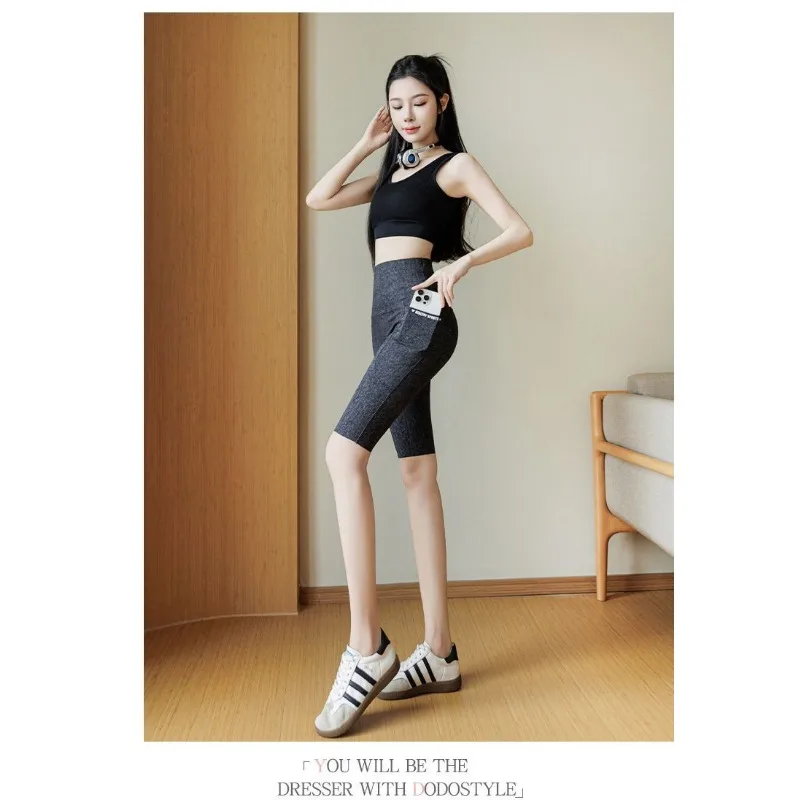 Women's Summer High Waist Pocket Denim Look Yoga Shorts Biker Shorts With Pockets