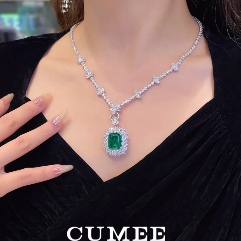 Cumee Detachable Lab Created Emerald Pendant Necklace for Women 925 Sterling Silver White Gold Plated Party Anniversary