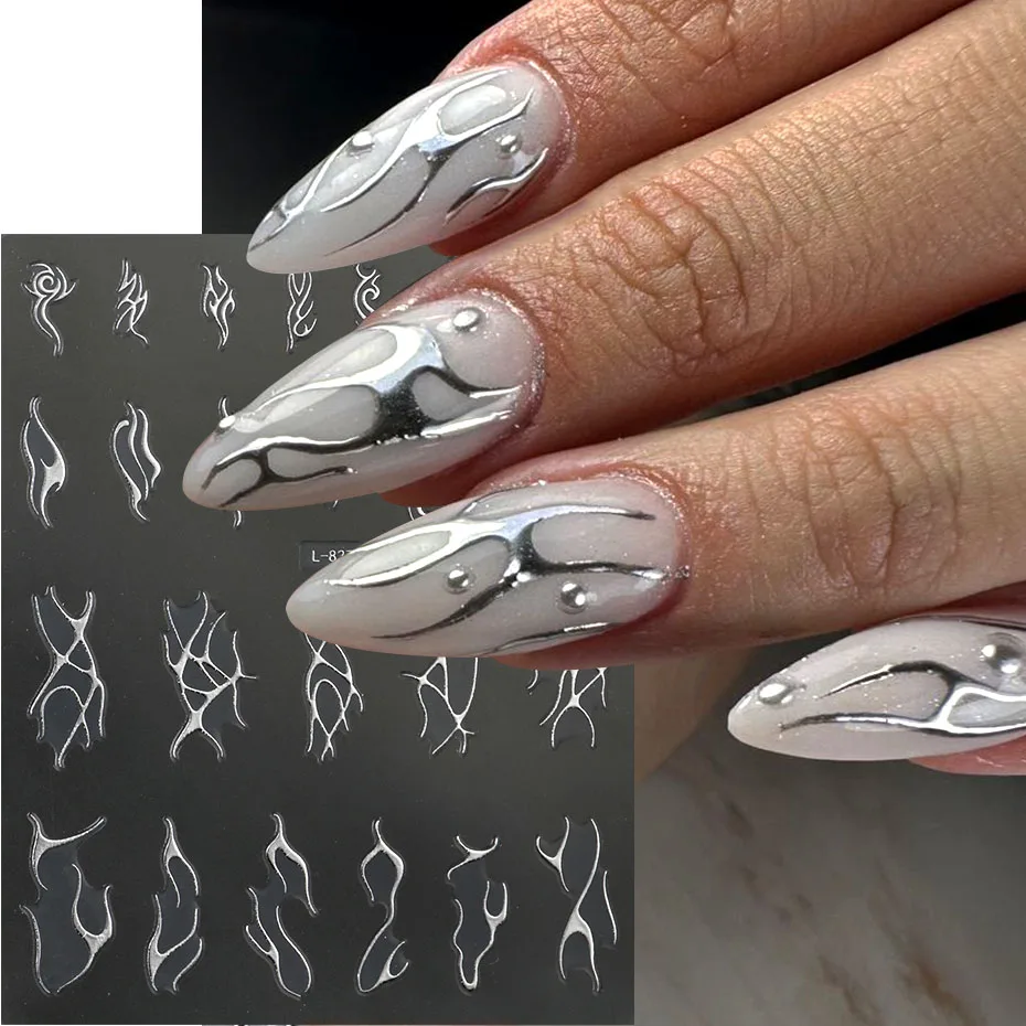 6 قطعة ملصقات أظافر فضية معدنية مجردة لهب النار الطوطم ضوء النجوم Y2K الشارات الربيع فراشة زهرة الورد لاصق ديكور #2