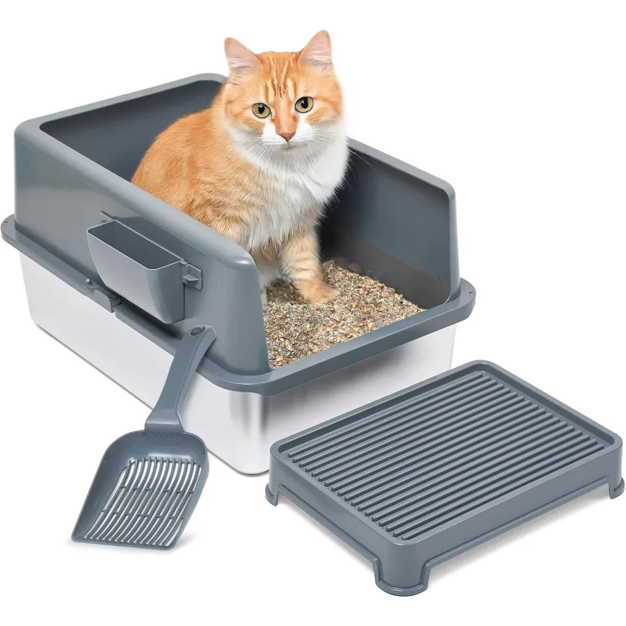 

Premium Stainless Cat Litter Box for Easy Cleanup Durable and High Sides Stainless Steel Litter Box with Step Scoop Mat Elevate