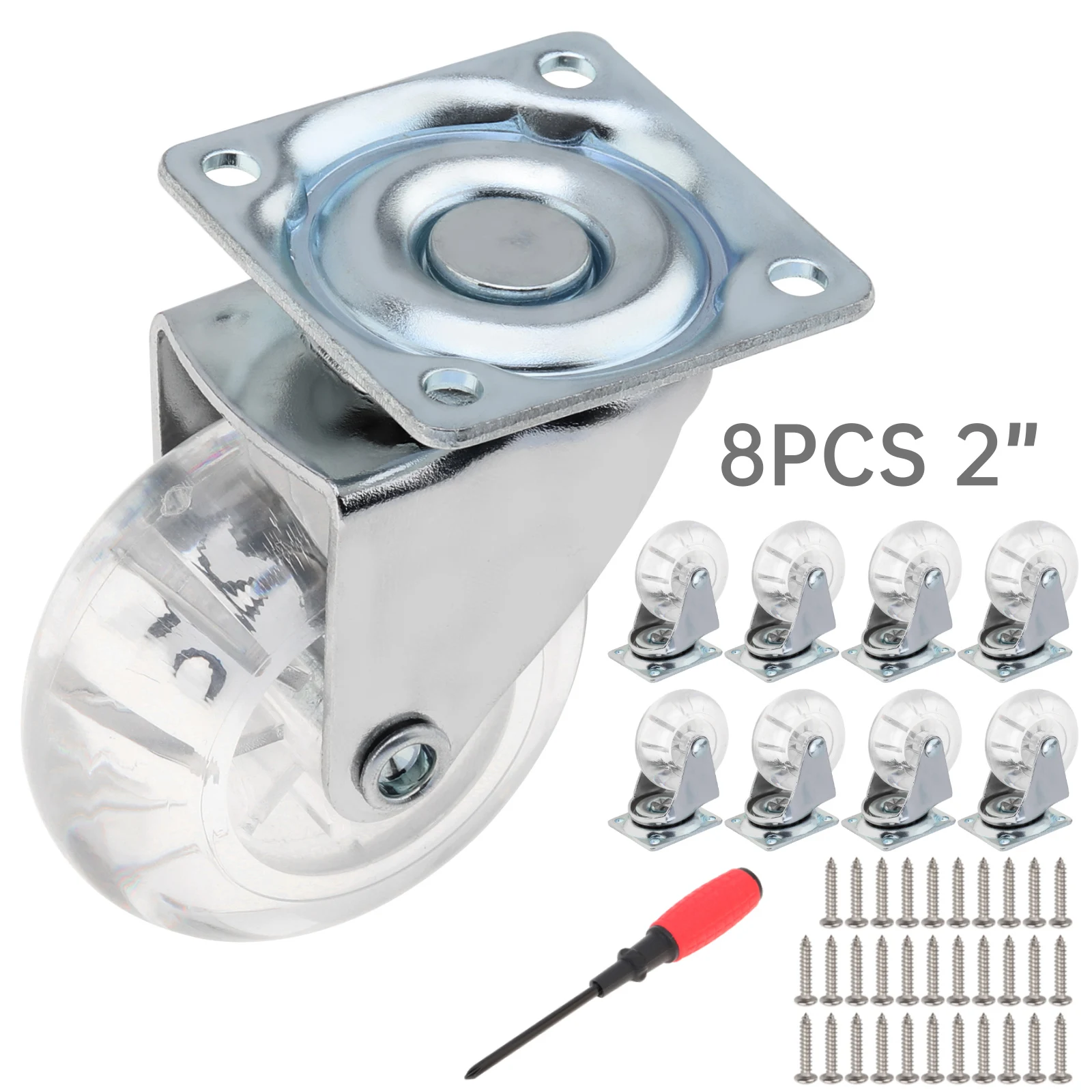 

8pcs 2 Inch PU Crystal Caster Wheels for Carts / Dressers / Cabinet with 32pcs 304 Stainless Steel Screws, Screwdriver Tool