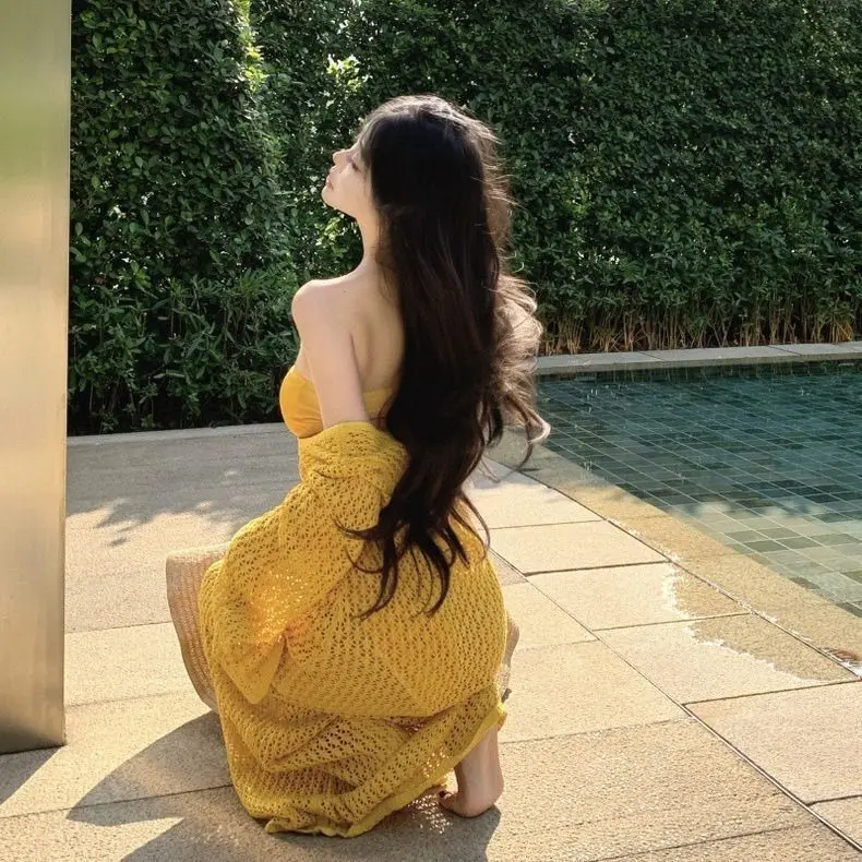 2025 ใหม่ดอกไม้ขิง Strapless ชุดว่ายน้ําแยกผู้หญิงบิกินี่กระโปรงยาว COVER UP Island วันหยุดชุดสามชิ้น