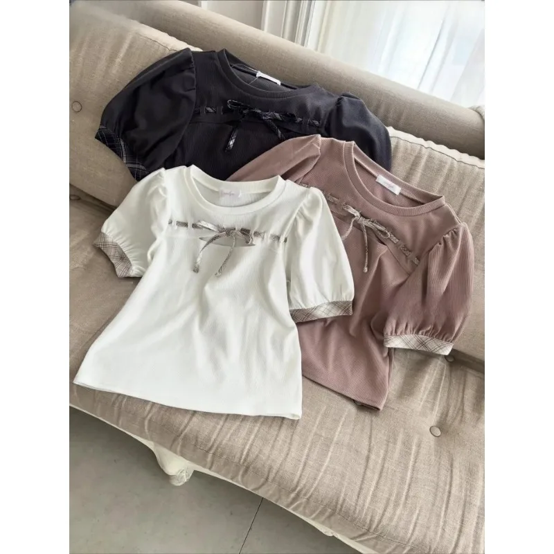 

Sweet Plaid Stitching Round Neck Bubble Short Sleeved Knitted T Shirt Female Summer New Bow Strap White Tshirt Basic Top Women