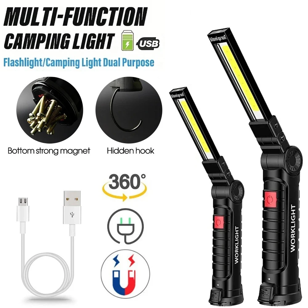 New Portable COB LED Flashlight USB Rechargeable Work Light Magnetic Lanterna Hanging Lamp with Built-in Battery Camping Torch