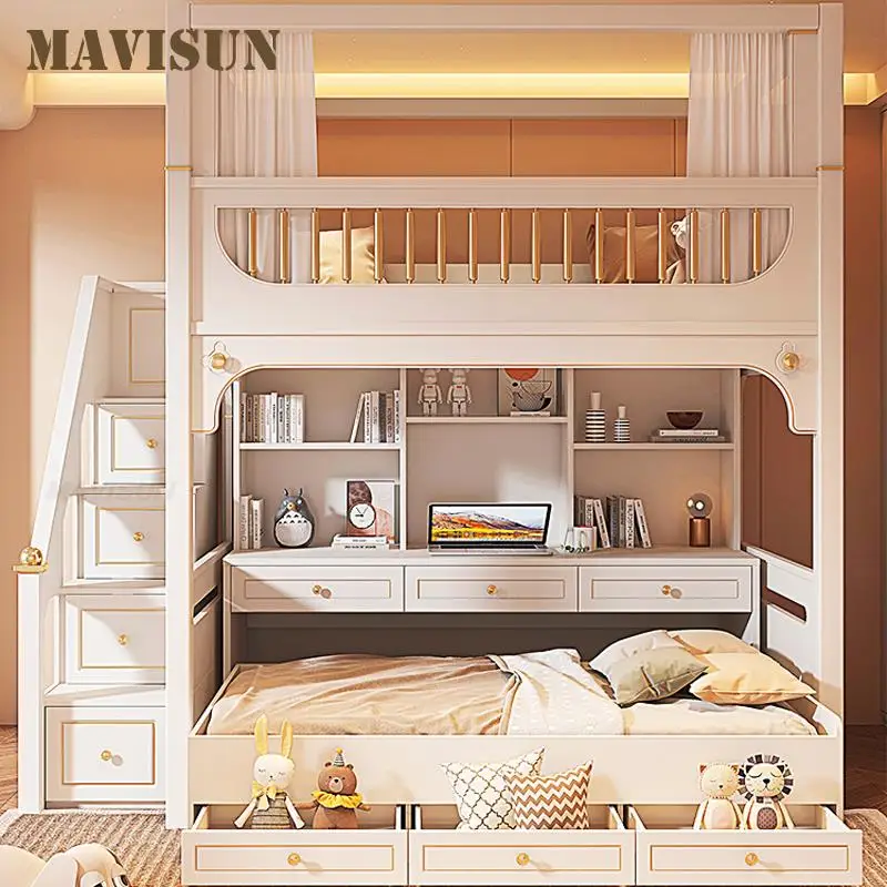 White Bunk Bed For Children With Light Luxury Safety Guardrail Bedroom Furniture Large Storage Space Solid Wood Bed for Girls