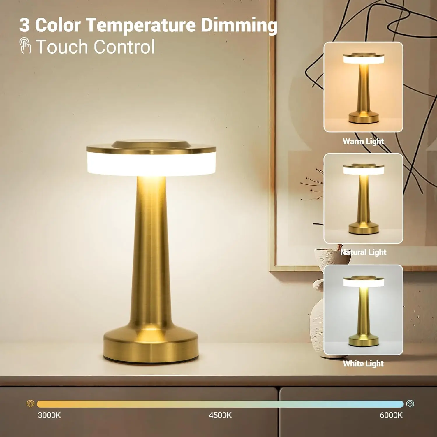 LED Table Lamp Touch Sensor Rechargeable Desktop Night Light Wireless Reading Lamp for Restaurant Hotel Bar Bedroom Decor Light