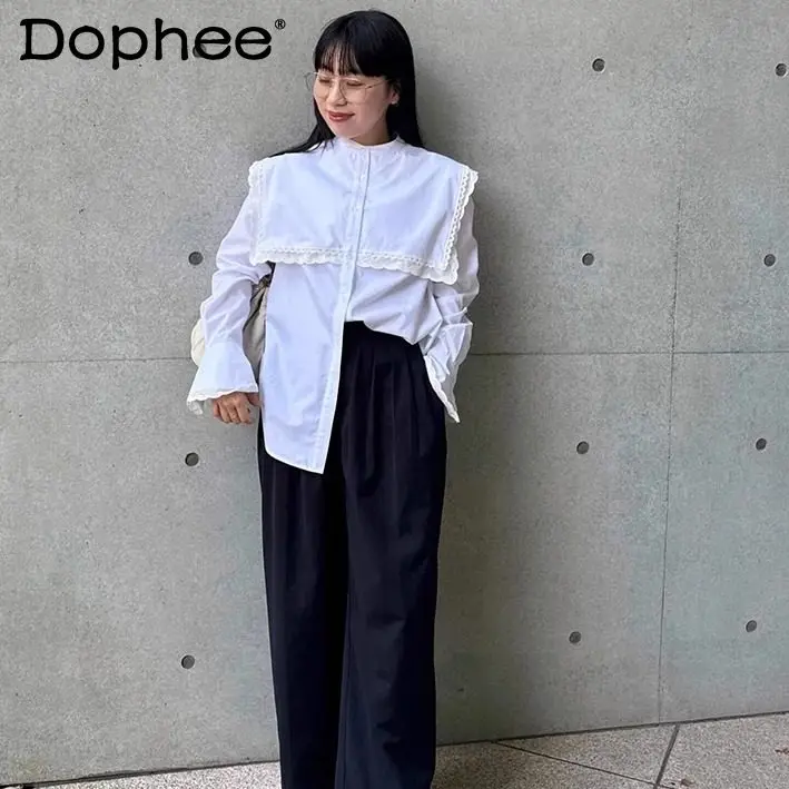 

Новая женская рубашка с японским матросским воротником и расклешенными рукавами, весна 2026: элегантная повседневная модель для офиса и города, с длинным рукавом