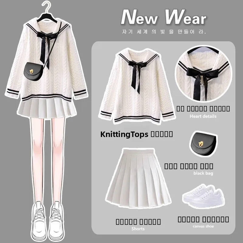 

Осенний комплект-двойка для полных женщин: свитер и юбка с высокой талией, скрывающий недостатки фигуры, с длинными рукавами.