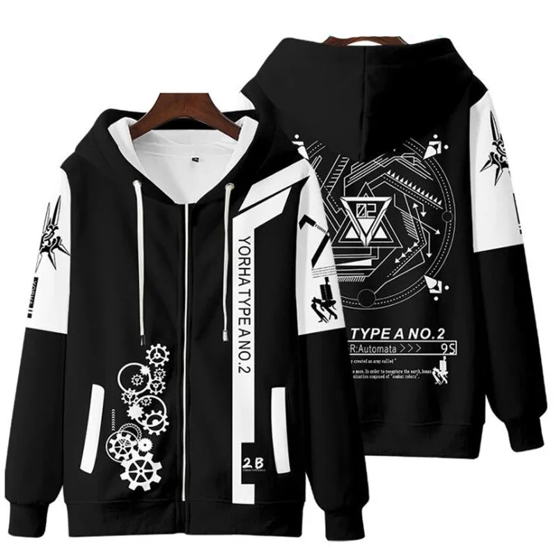Game NieR Automata 2B YoRHa No. 2 Type B 9S YoRHa No. 9 Type S Cosplay Costume 3D Sweatshirt Men Zipper Hoodies Outwear Coat