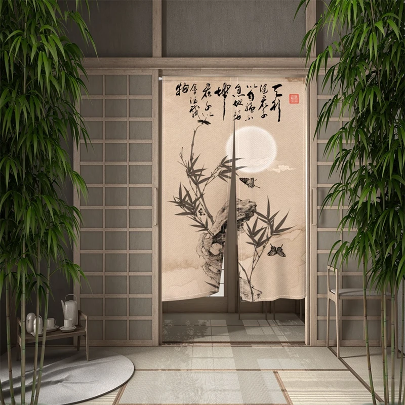 Chinese Traditional Bamboo Door Curtain Ink Painting Kitchen Dining Room Partition Curtains Drape Entrance Hanging Half-Curtain