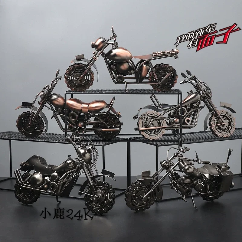 1pc Retro Iron Motorcycle Model Metal Craft Ornament Vintage Desktop Decor Home Office Tabletop Mini Sculpture Gift For Men Boys