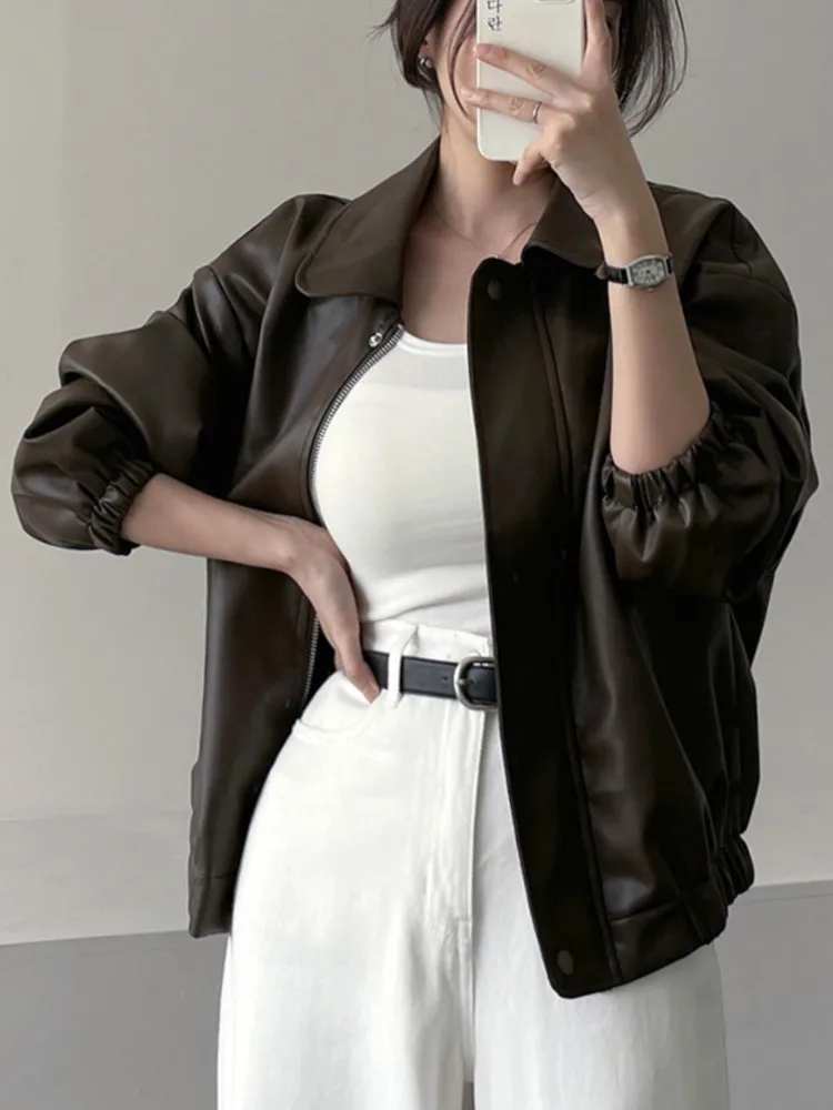 ريترو شيك بولي Leather الجلود السائق Jaet المرأة فضفاضة تناسب الياقات ort ملابس خارجية خمر Sle طويلة Sve سستة إغلاق معطف