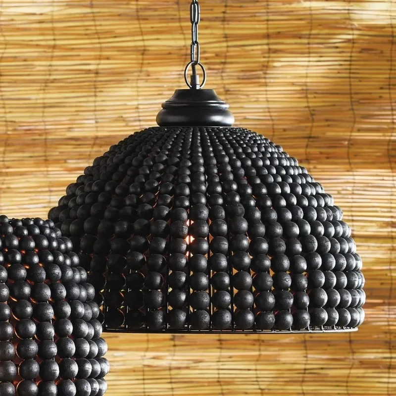 

GHJUYIOL American retro wooden bead restaurant island table lamp French retro minimalist bedroom, living room, study pendant lam
