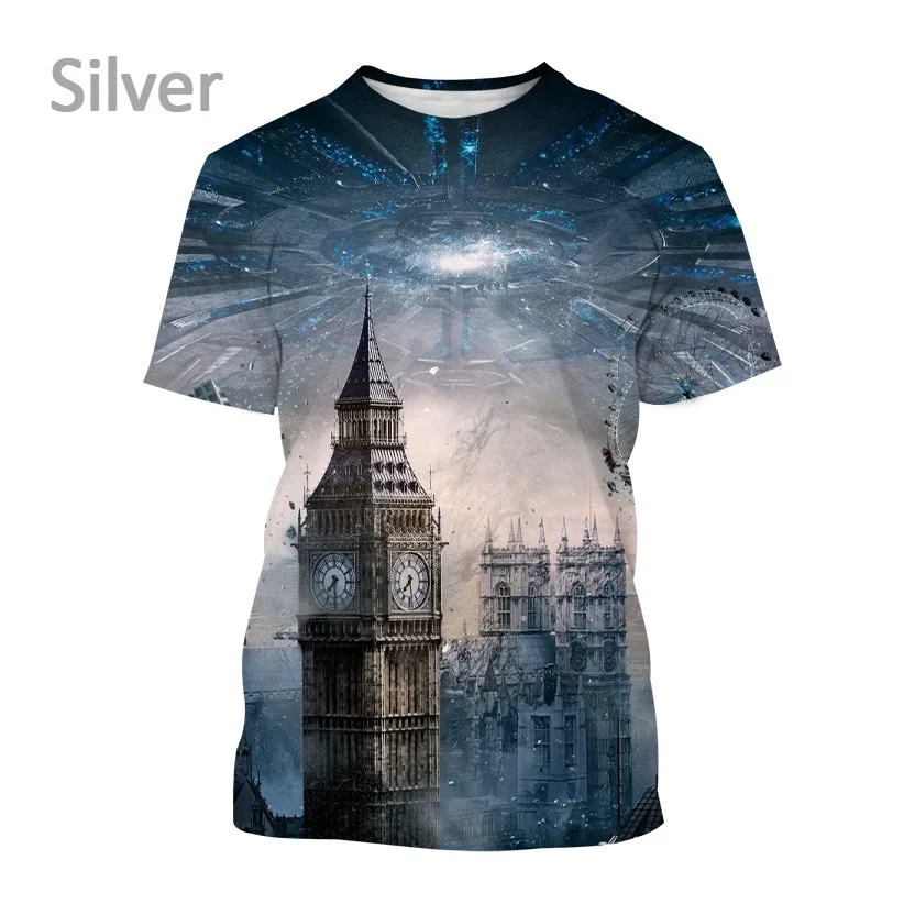 2024 New British London Big Ben Printed Short-sleeved T Shirt Men and Women Casual Clock Tower Building Streetwear Top