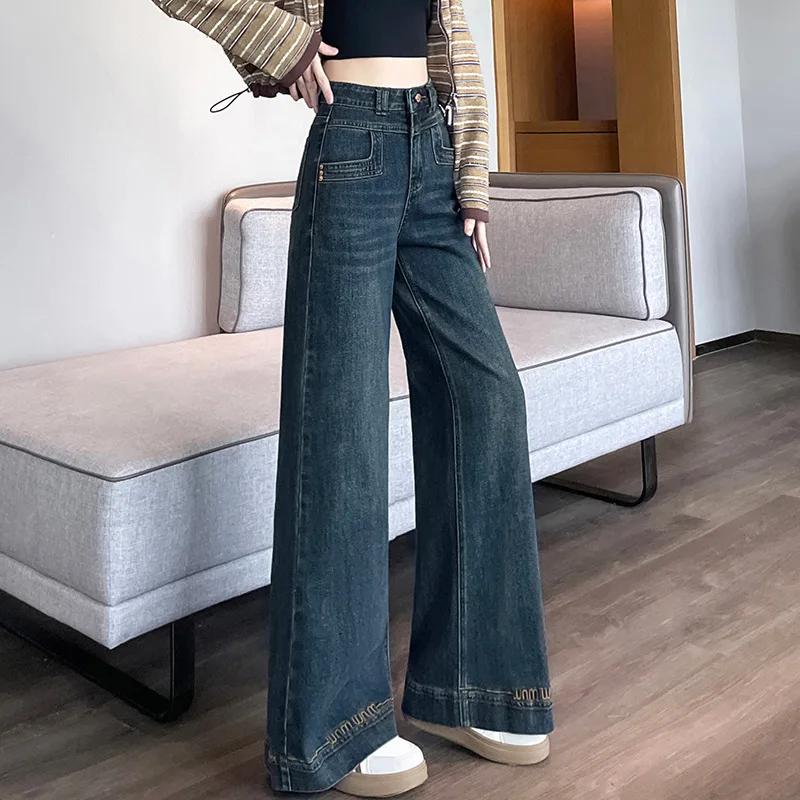 Retro Wide Leg Jeans for Women in Spring and Autumn Without Sticking Legs New Double Button High Waist Design Slimming and Wide view 3