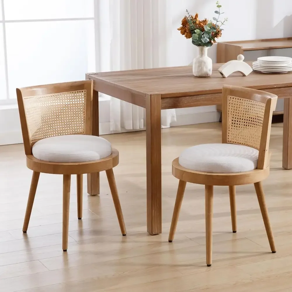 2-Piece Linen-Cushioned Wooden Dining Chairs with Rattan Backrests for Kitchen and Restaurant, Beige