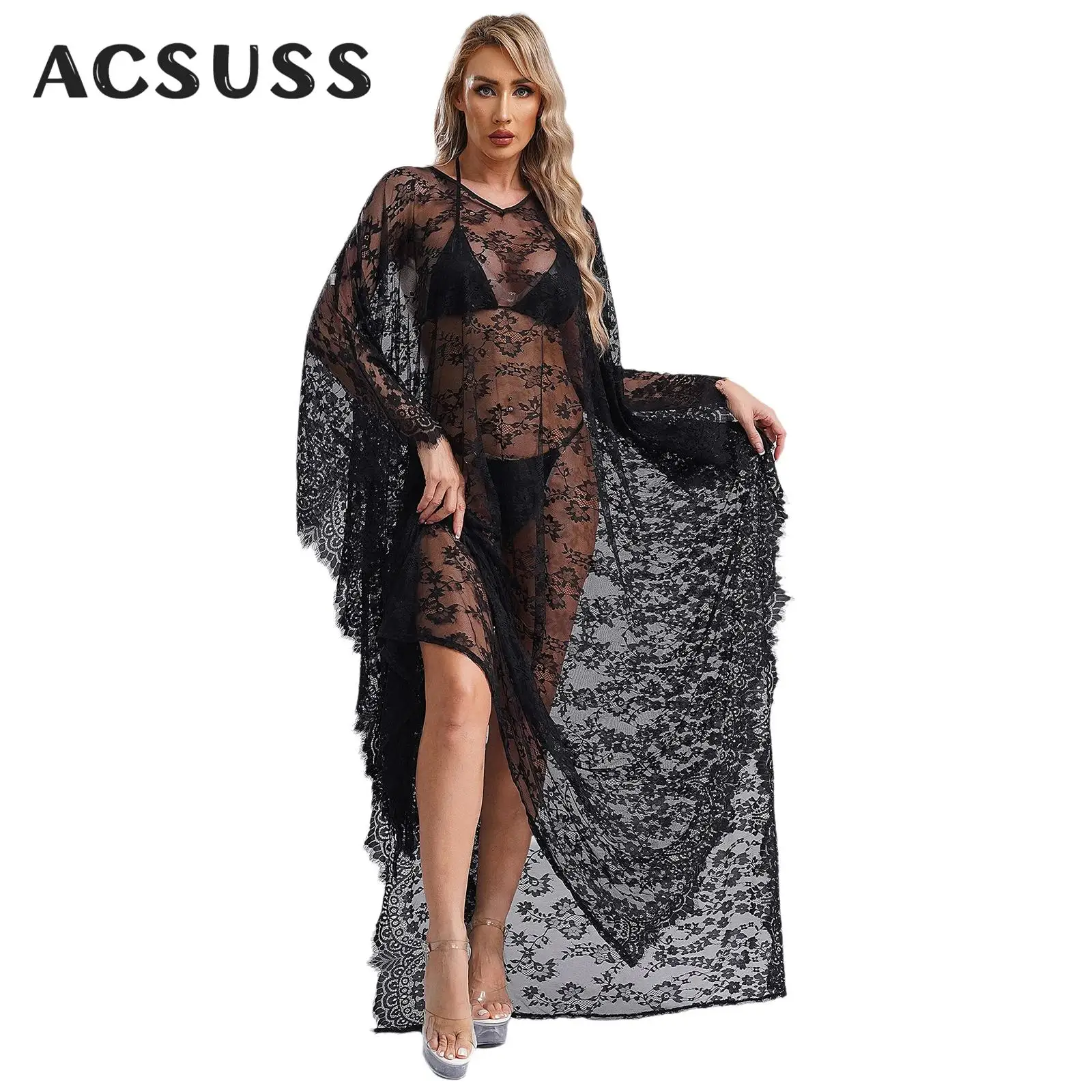 

Women See Through Floral Lace Robe Long Dress Transparent V-Shaped Nightwear Nightdress Swimwear Cover-up Bridal Robe Gown