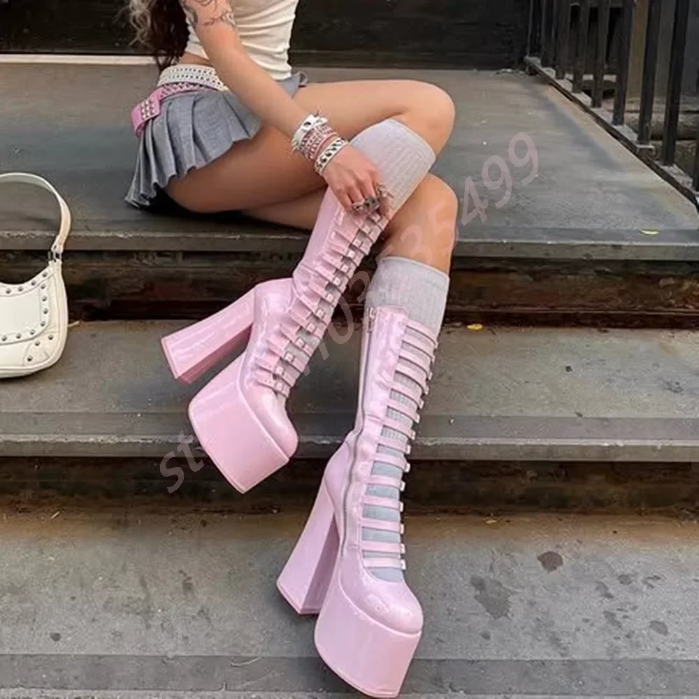 

Summer Patent Leather Belt Buckle Sexy Boots 2025 Platform Party Zip Fashion Women Lolita Hollow Street Punk Thick High Heels