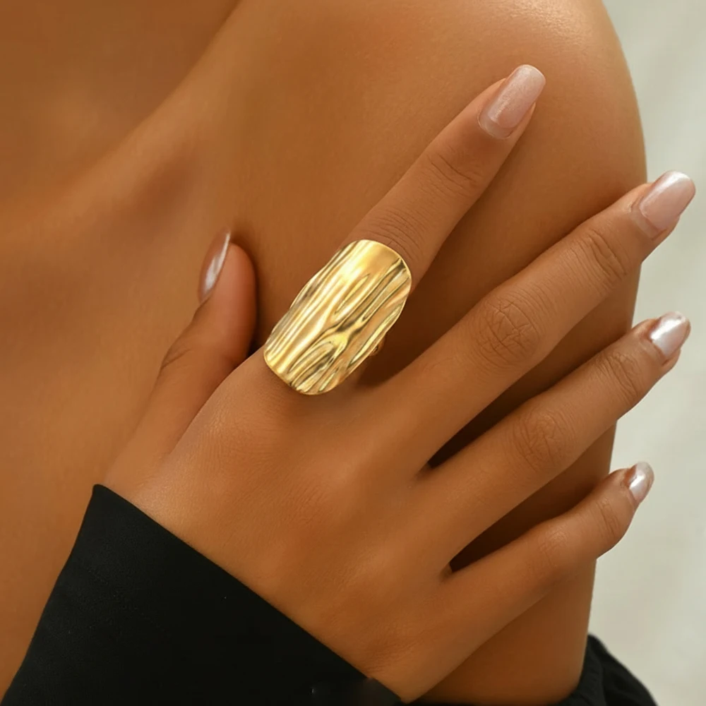 1Piece Irregular Wide Statement Ring,Organic Wrinkle Finish,Minimalist Trendy Jewelry for Women,Office Daily&Festive Gifting