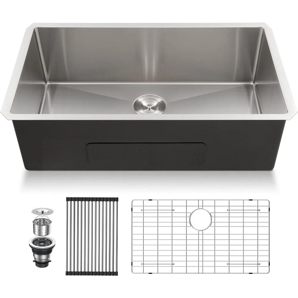 

33 Inch Base Style Kitchen Sink, Stainless Steel Single Bowl with Rounded Corners, Size 16 Kitchen Sink 33x19x10 Inches