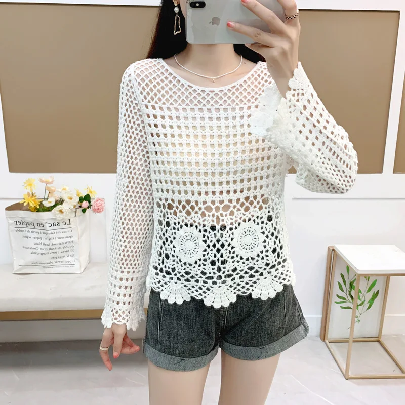 2024 Spring and Summer New Embroidered Knitted Sun Protection Clothing Women\'s Short Loose Mesh Hollow Crocheted Blouse