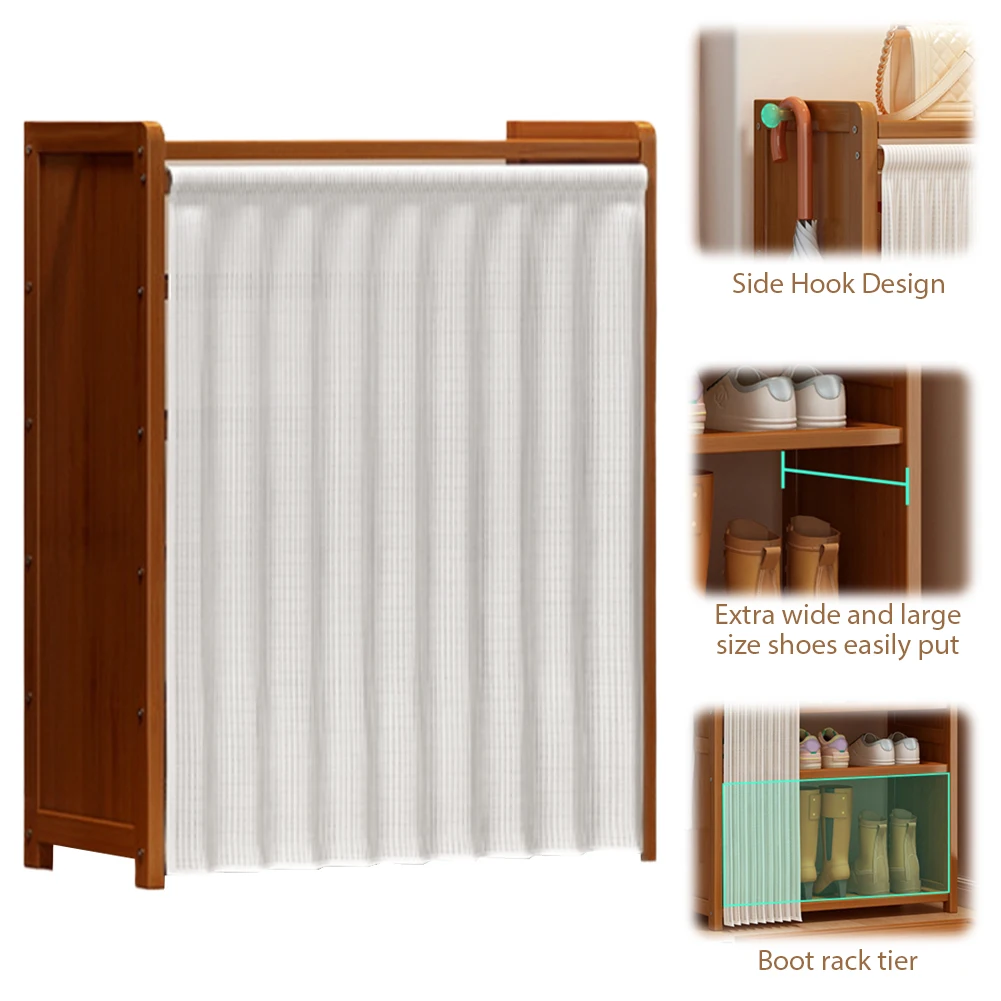 6-Tier Cabinet Organizer with White Gauze Curtain Wooden Shoe Organizer Racks for Entryway Living Room Hallway Doorway