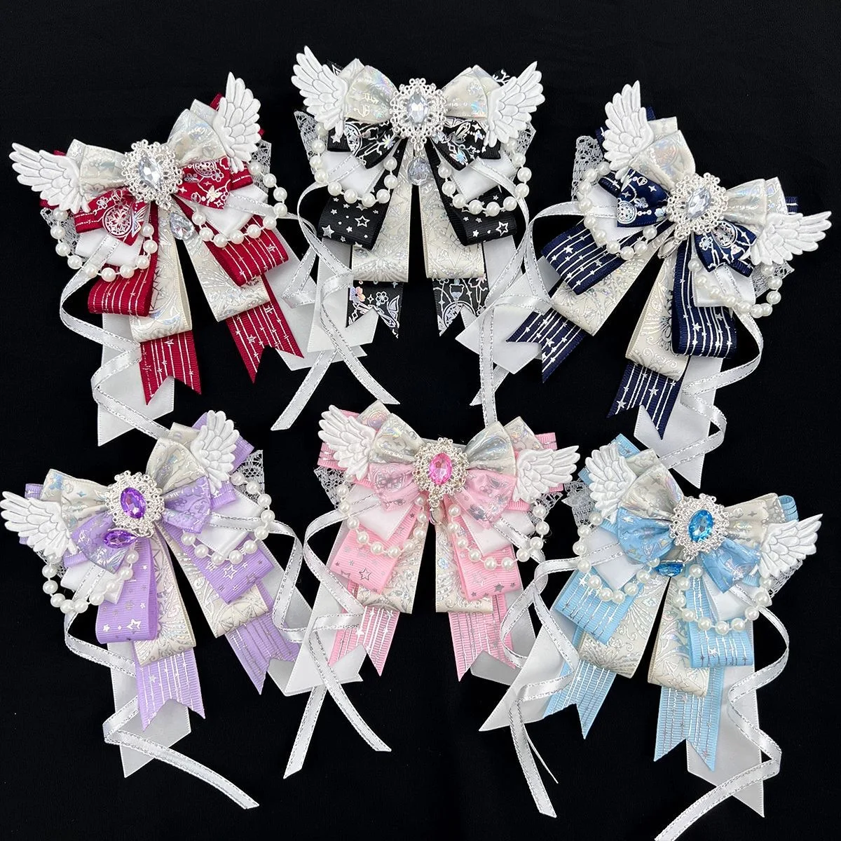 1 broche de lazo bonito, 6 colores, con gemas, cadena de cuentas y cinta artesanal, diseño color block, producto terminado hecho a mano DIY, para cosplay de anime y lolita, Comic Con, decoración de anime, y como broche decorativo para bolsos y mochilas.