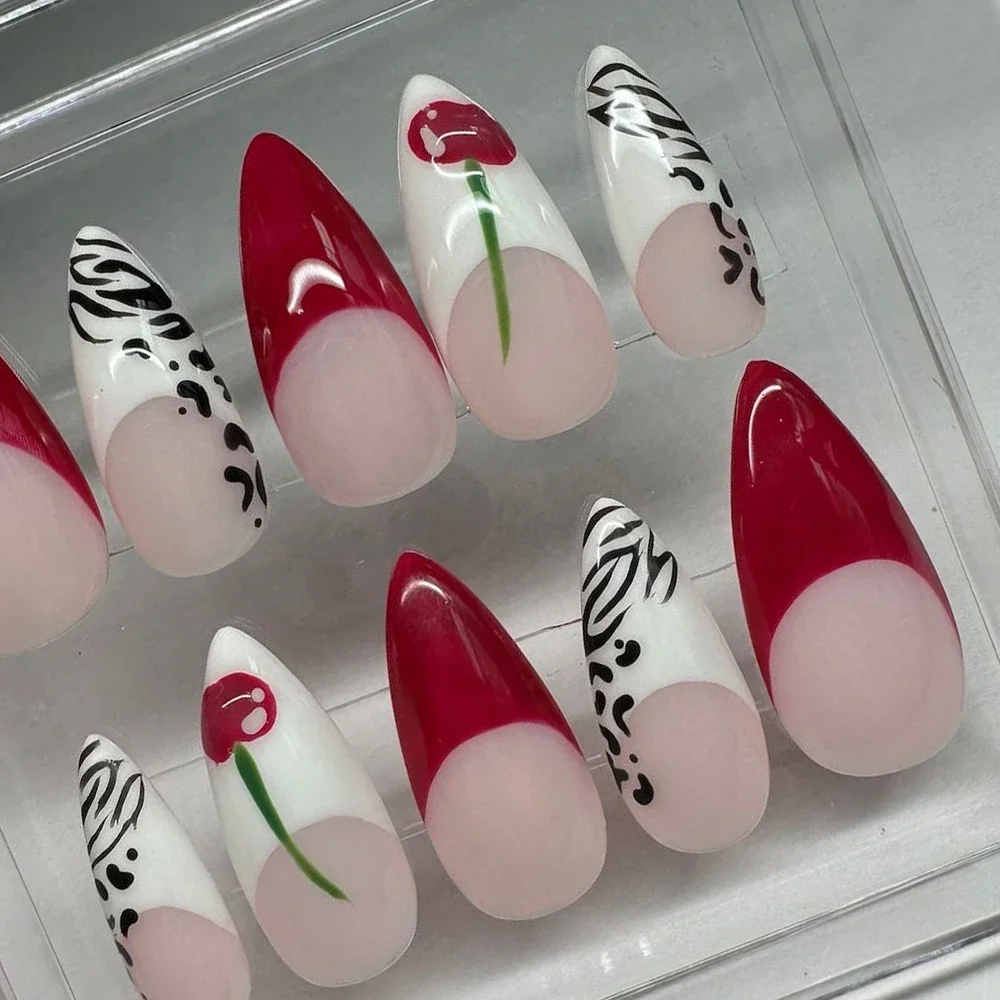 French Handwork Cherry Press On Nails Art Party Sticker Nude Pink Red White Zebra Print Short Stiletto Nails Art Halloween Gift