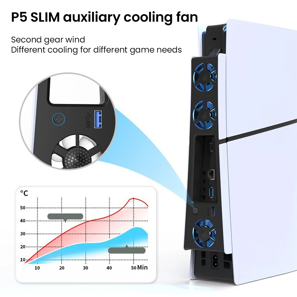 1pcRGB Light Cooling Fan for PS5 Slim Console with 3 Fans USB 3.0 Port Quiet Cooling System for Sony PS5 Slim Gaming Accessories