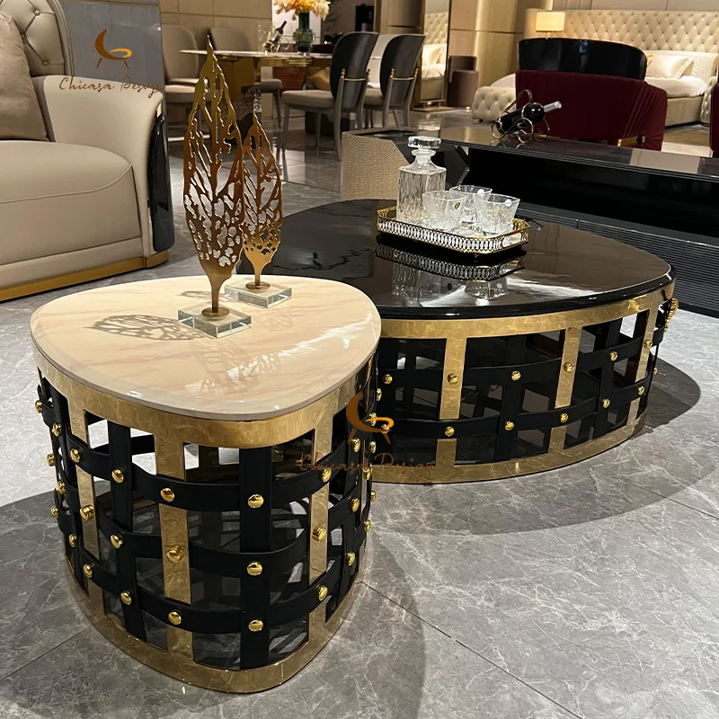 Luxury Stainless Steel Gold Frame Round Coffee Table Modern Marble Top Coffee Table