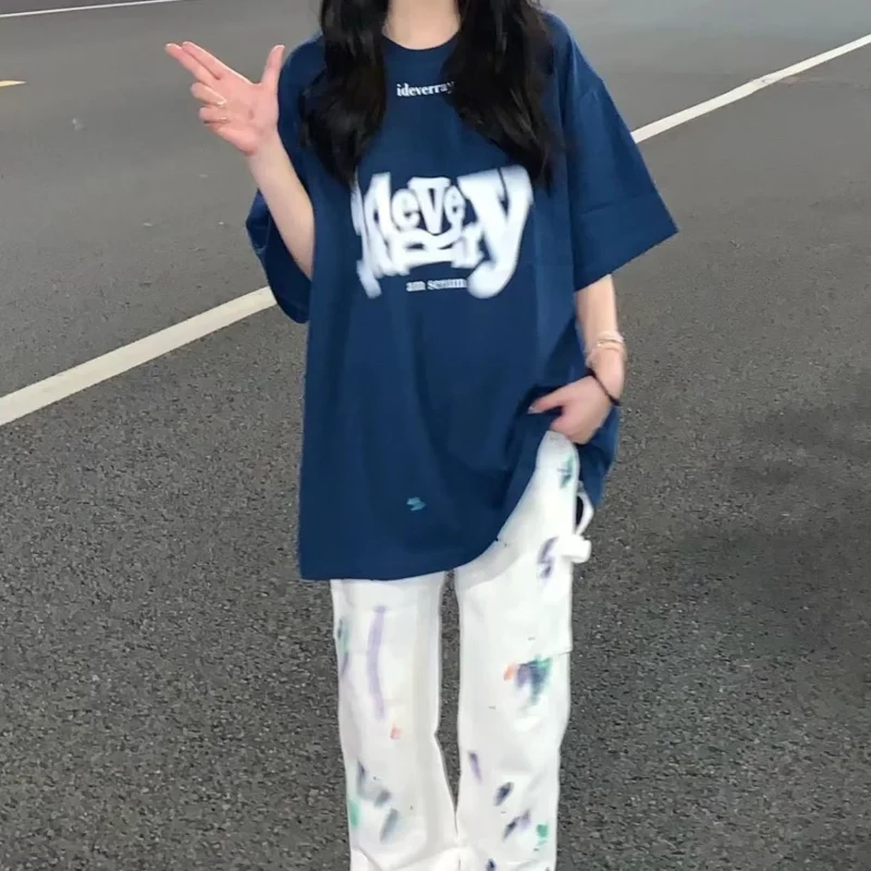 DAYIFUN-Women's Short-Sleeved O-Neck Cotton T-shirt Summer Streetwear Korean Loose Casual Tops Oversized Graphic Tees New 2023