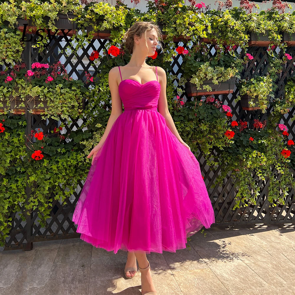 LSYX Customized Spaghetti Straps Tulle Fuchsia Evening Dresses A Line Sweetheart Ankle-Length Prom Gowns Women Vestido De Noche