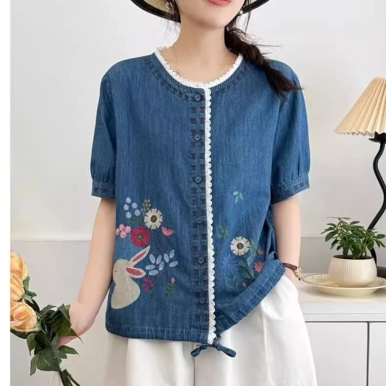 

Повседневная джинсовая рубашка с цветочной вышивкой, женская свободная блузка с коротким рукавом