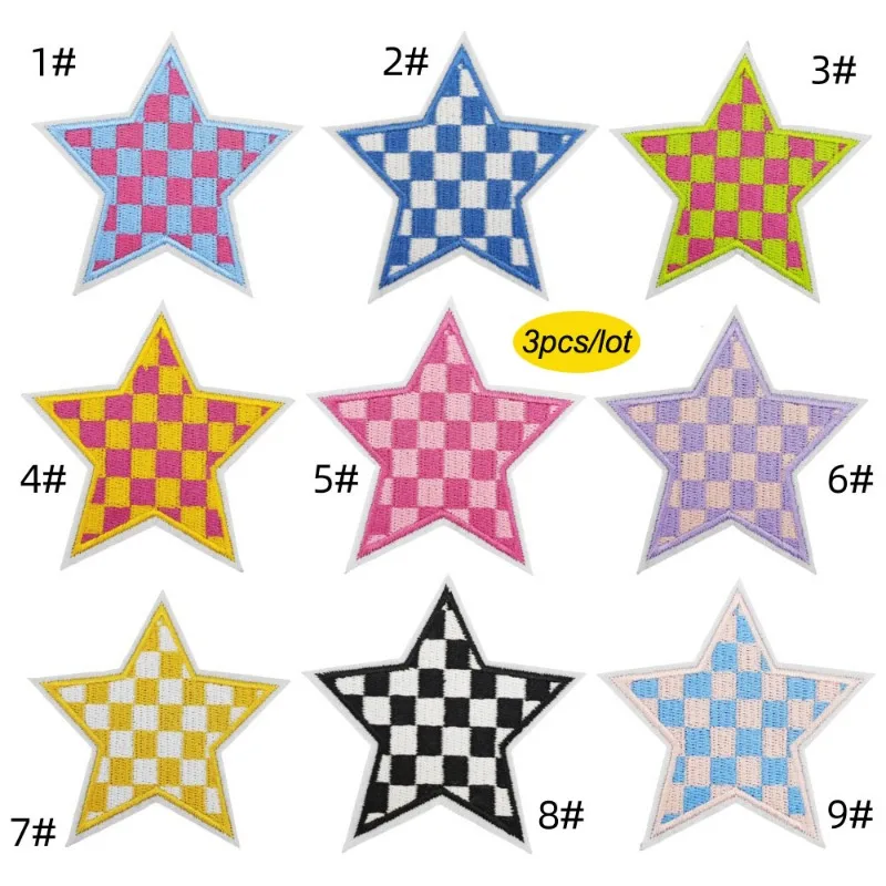 3pcs Race Racing Day Checkered Flag Star Patch Western Cowgirl Iron on Embroidered Appliques for Jacket Jean Shirt Hat DIY Decor