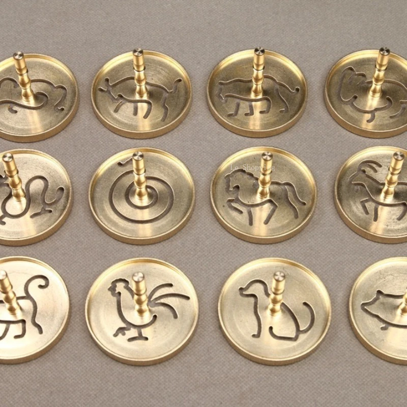 Antique Brass Scented Seal Twelve Chinese Zodiac Signs Pattern DIY Incense Powder Press Mold Incense Lore Religious Supplies