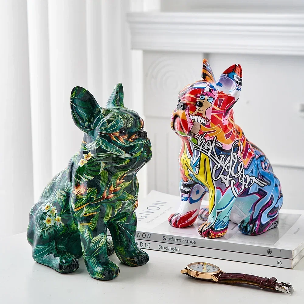 

Modern Room Decor Resin Painted Animal Sculpture Creative Home Decor Graffiti Bulldog Statue Office Desk Accessories Figurine