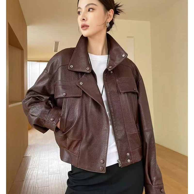 Damska zimowa kurtka z owczej skóry importowanej, skóra owcza typu bubble, damska burgundowa kurtka motocyklowa z klapami i zamkiem błyskawicznym, chaquetas de mujer.