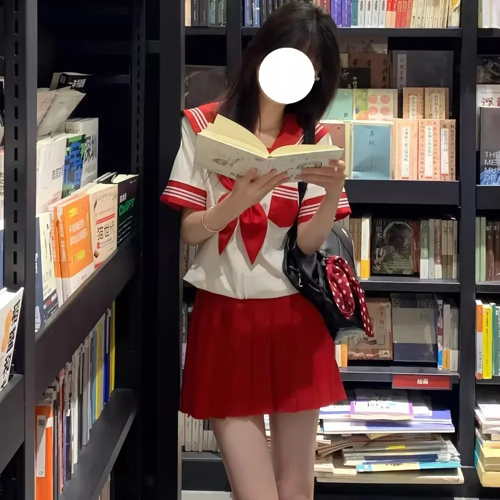 Nuovo vestito da marinaio rosso Donna Vestito da marinaio Uniforme giapponese Uniformi coreane Jk Gonna a pieghe Abiti scolastici Seifuku Cosplay Studente